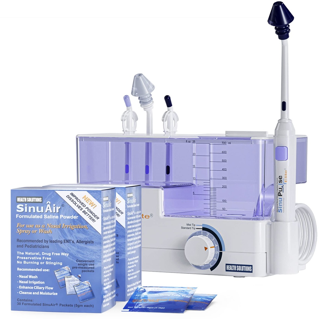 SinuPulse Elite Sistema avançado de irrigação nasal - Pulsando Sinus Congestion Relief & Sinus Rinse Machine, mais eficaz do que Neti Pot, Spray de nariz ou garrafa de lavagem nasal, com 90 pacotes SinuAir