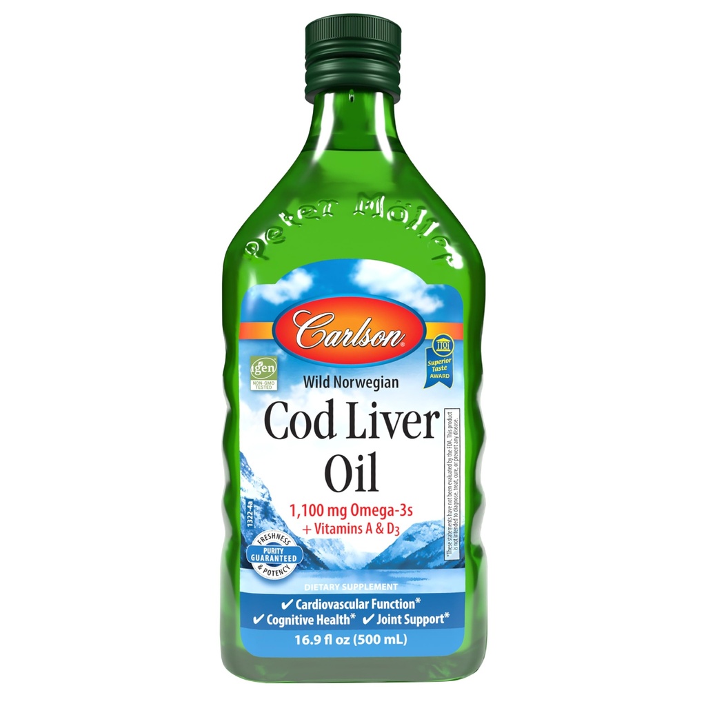 Carlson - Óleo de fígado de bacalhau, 1100 mg Omega-3s, óleo de fígado de bacalhau norueguês de captura selvagem, líquido de óleo de peixe nórdico de origem sustentável, sem sabor, 500 ml (16.9 Fl Oz)