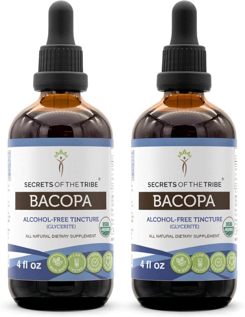 Segredos da tribo Bacopa USDA Orgânico Extrato Livre de Álcool, Drops de Ervas de Alta Potência □ Feito de Bacopa Orgânica 100% Certified (Bacopa Monnieri) Herb seco (2x4 oz)
