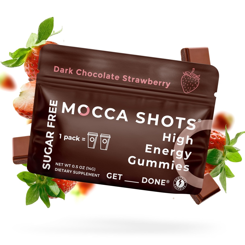 SGC Concentração mais alta 100mg de cafeína por chiclete, 2 chicletes por embalagem, 6-Pack Mocca Shots Sugar-Free Strawberry Plant-Based nootropic Instant Energy with Ginkgo biloba, Theobromine.