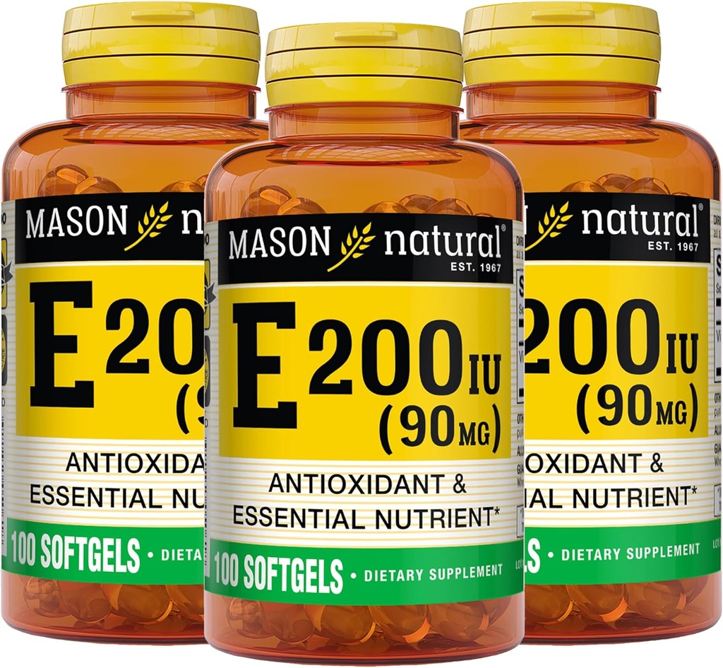 MASON NATURAL Vitamina E 90 mg (200 UI) - Antioxidante e Nutriente Essencial, Sistema Imune Saudável, Pele e Olhos, Suplemento Corpo inteiro, 100 Softgels (Pacote de 3)