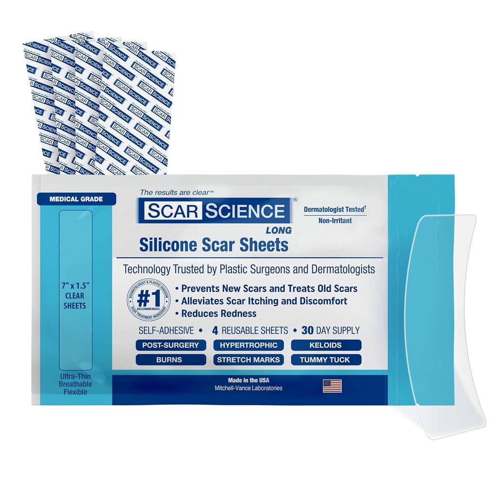 Folhas de Silicone Scar grau médico - 7" Fita de Silicone resistente à água para cicatrizes - Fita respirável clara para C-Seção, Tuck barriga, Cicatrizes cirúrgicas e Kelóides - 4-Pack
