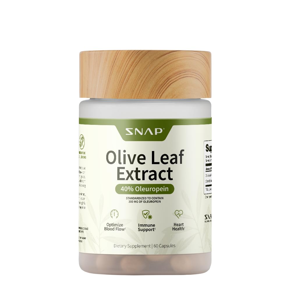 Snap Suplementos Olive Leaf Extract Cápsulas - Super força 40% Oleuropein para apoio ao fluxo de sangue, melhorar a digestão, Antioxidant Boost Suplemento, melhorar a função do cérebro (60 Cápsulas)