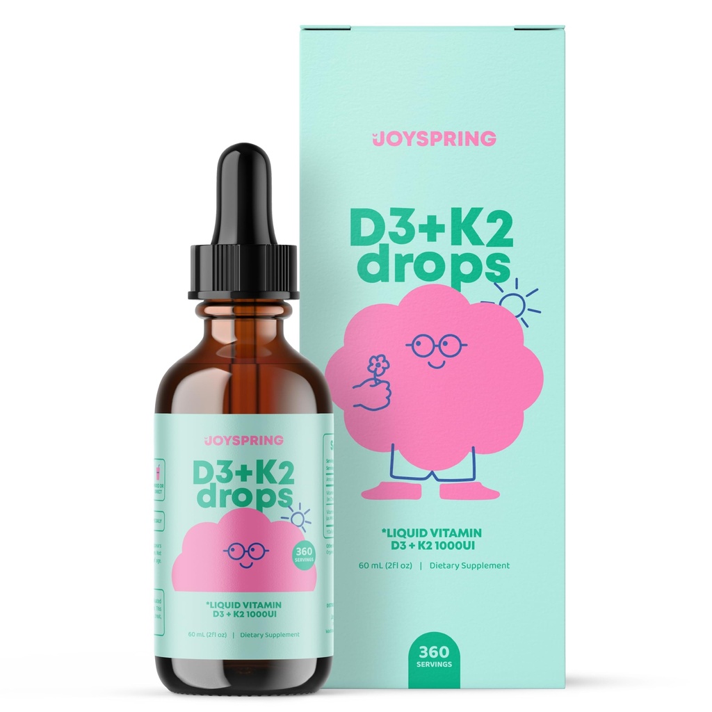 JoySpring Vitamina D3 Kids Drops com K2 – Suplemento Líquido para Absorção de Cálcio e Saúde Conjunta – 360 Servings (2 fl oz) – Vitamina D Kids Idades 3-18