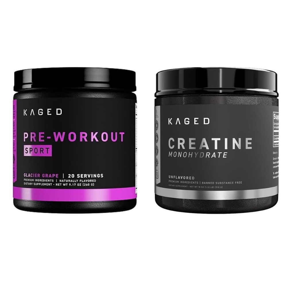 Pré-desportivo Kage pré-treino em pó glaciar Creatina mono-hidratada em pó micronizado pacote, energia e muscular pacote de suplemento de recuperação, 20 serviços pré-treino + 100 serviços de creatinina