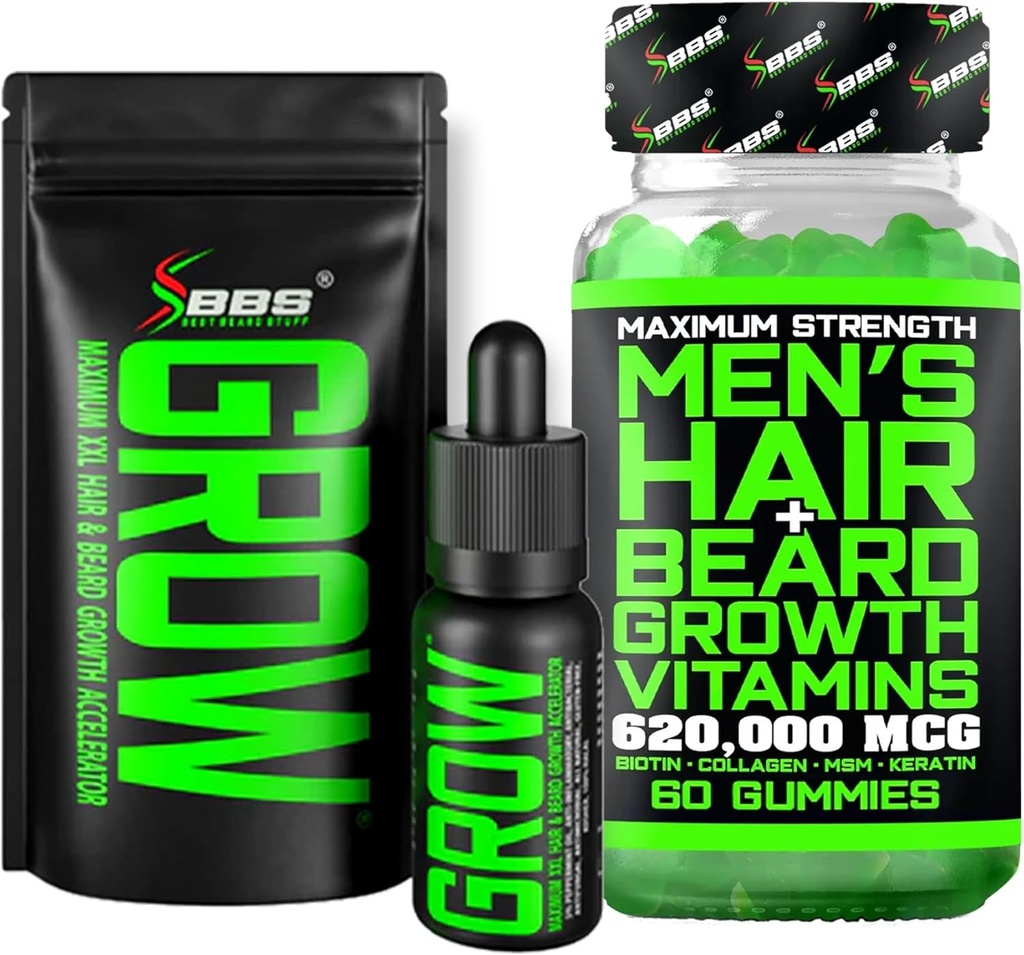 Kit de crescimento de barba w/Grow XXL Óleo de barba/Serum para o crescimento do cabelo facial para homens + força máxima 620,000mcg 14-em-1 BIOTIN Vitaminas de crescimento do cabelo facial para homens - Formulado na América