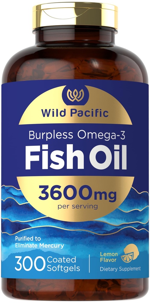 Carlyle Burpless Fish Oil 3600 mg 300 Softgels com ácidos gordos Omega-3 sabor limão não-GMO, sem glúten suplemento , por Wild Pacific