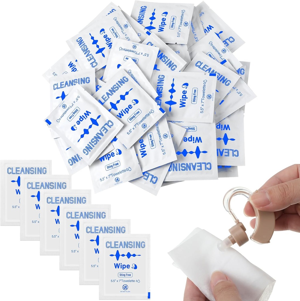 Timgle 200 Count Hearing Aid Wipes Individualmente Envolto Toalhas de limpeza telefone Wipes Laptop Cleaner Wipes para Earwax Earbuds suor Earmold Earmold Earplugs em monitores de ouvido Remoção limpa