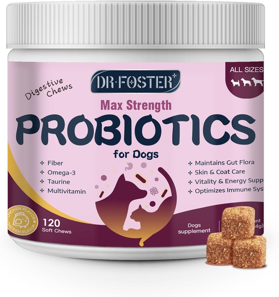 Probióticos para cães - Dog Probióticos para Saúde Digestiva, Prebiótico, Enzimas Digestivas para cães com abóbora, Omega-3, Gut de apoio, Imune, Diarréia, 120 mastigação suave