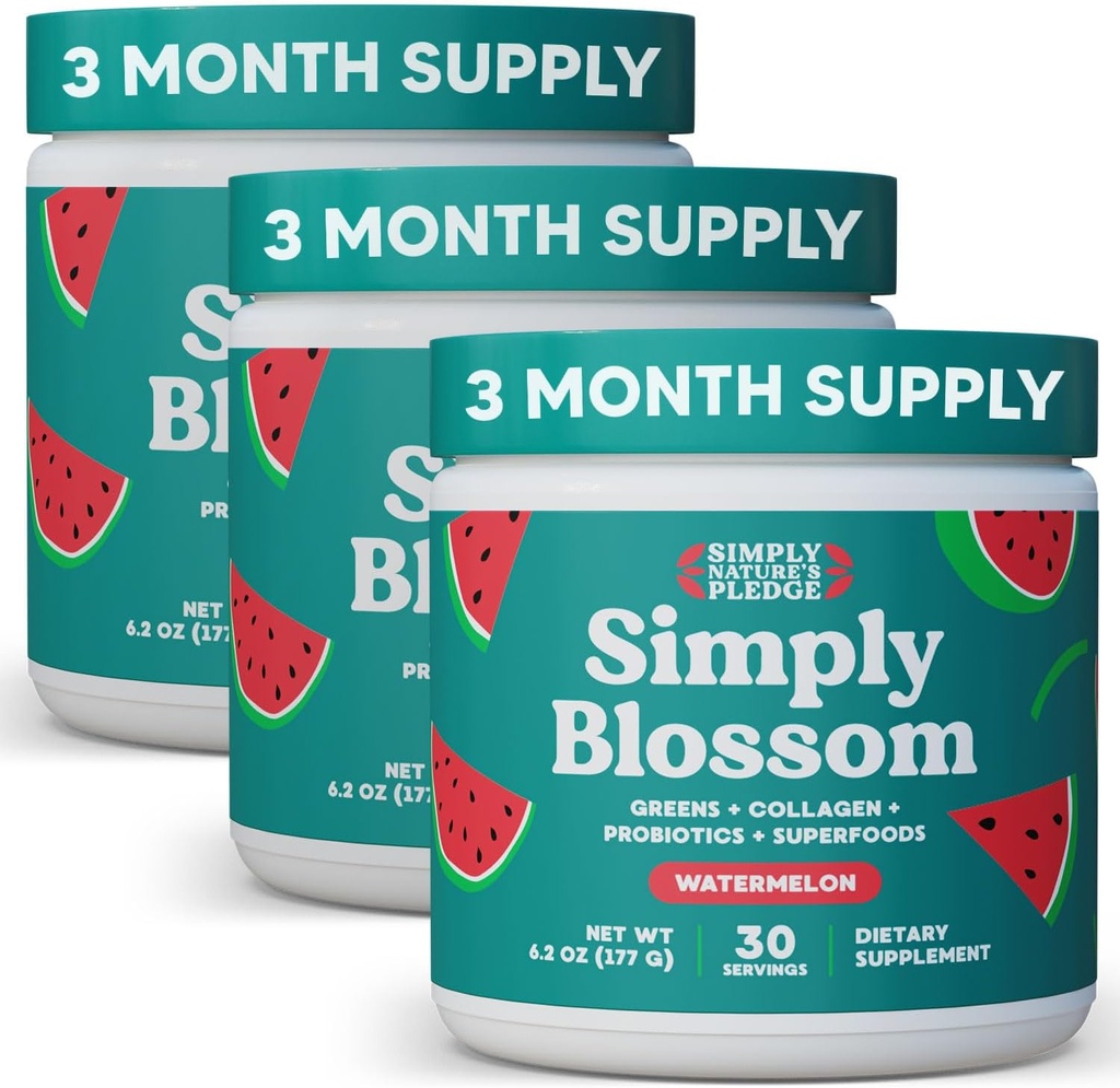 Simplesmente Blossom Nutrition Daily Greens & Superfood Powder + Colágeno + Probióticos para a Saúde Digestiva da Mulher & Bloating Alief. Ajude sua saúde Bloom - 3 meses de abastecimento - melancia