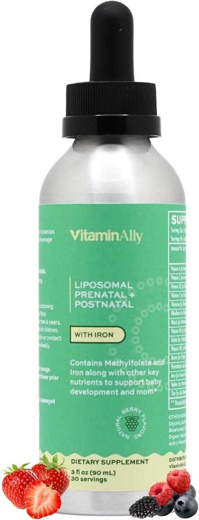 Lipossômico líquido pré-natal + pós-natal multivitamínico gotas com ferro Não-GMO, açúcar livre, sem glúten, fácil de engolir, suporta tanto o desenvolvimento do bebê e mãe, 30 dias de fornecimento, 3 Fl OZ
