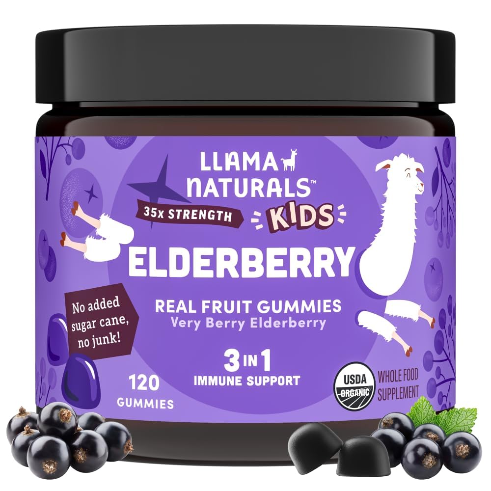 Llama Naturals Elderberry Gummies para crianças, Vegan, Suplemento de suporte imunológico orgânico com vitamina C e zinco, Toddler verdadeira frutas vitaminas Gummy para imunidade, Mastigável, Não adicionado cana de açúcar, 120 Ct