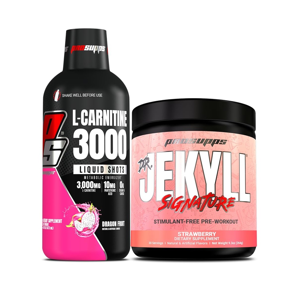 PROSUPPS L-Carnitine 3000 Estimulante Free Liquid Shots (31 Servings, Dragon Fruit) e Mr. Hyde Signature Série pré-treino Energia em pó bebida (30 Servings, Strawberry) Bundle