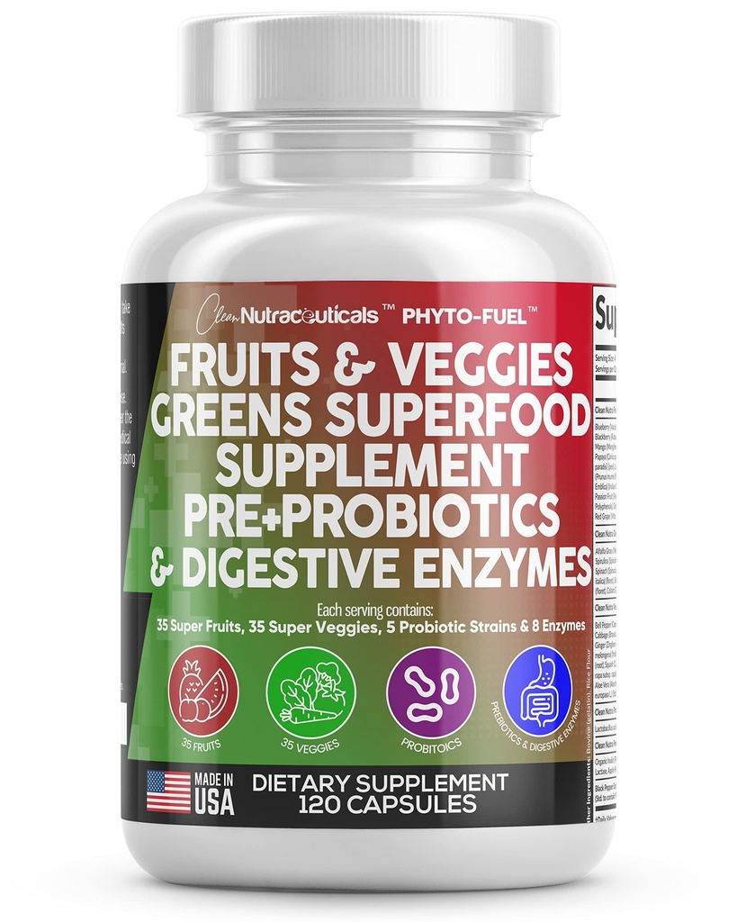 Nutracêuticos limpos Frutas e legumes Suplemento Vermelhos e Verde Superalimentos - Balance of Over 70 Fruit & Vegetal Supplements Cápsulas com Probióticos Prebióticos Enzimas Digestivas - 120 Ct EUA