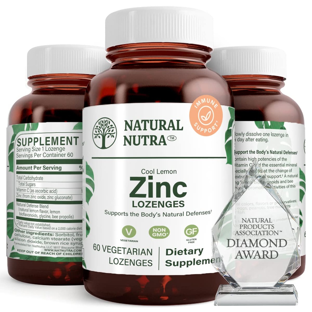 Natural Nutra Zinc Lozenges com vitamina C, sabor limão, Imune de apoio, sistema nervoso e força óssea, Fortificado com bioflavonoides e própolis de abelha, gluconato de zinco sublingual, 60 Vegetarian