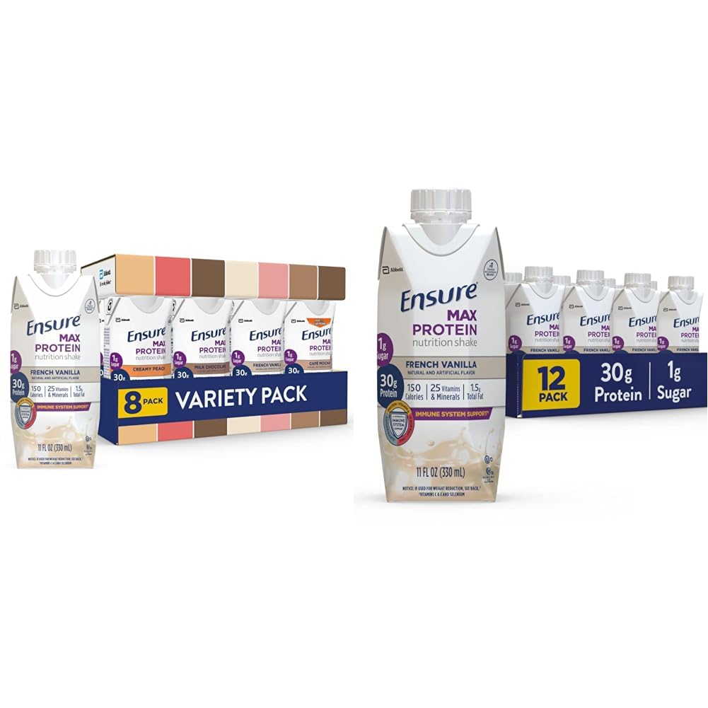 Certifique-se Max Protein Nutrition Shakes, Variety Pack, com 30g de proteína e Max Protein Nutrition Shake com 30g de proteína, 1g de açúcar, alta proteína Shake, baunilha francesa, líquido, 11 fl oz (Pacote de 12)