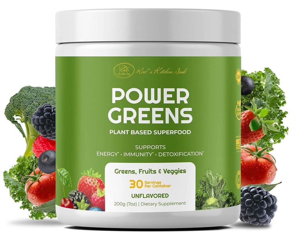 Red's Kitchen Sink Power Greens Powder - Verdes diários Superfood Powder - Fruity, Veggie, & Green Leapy Smoothie Drink Mix - Superfoods Maca Root, Spirulina, Chlorela, & More (200 Grams)