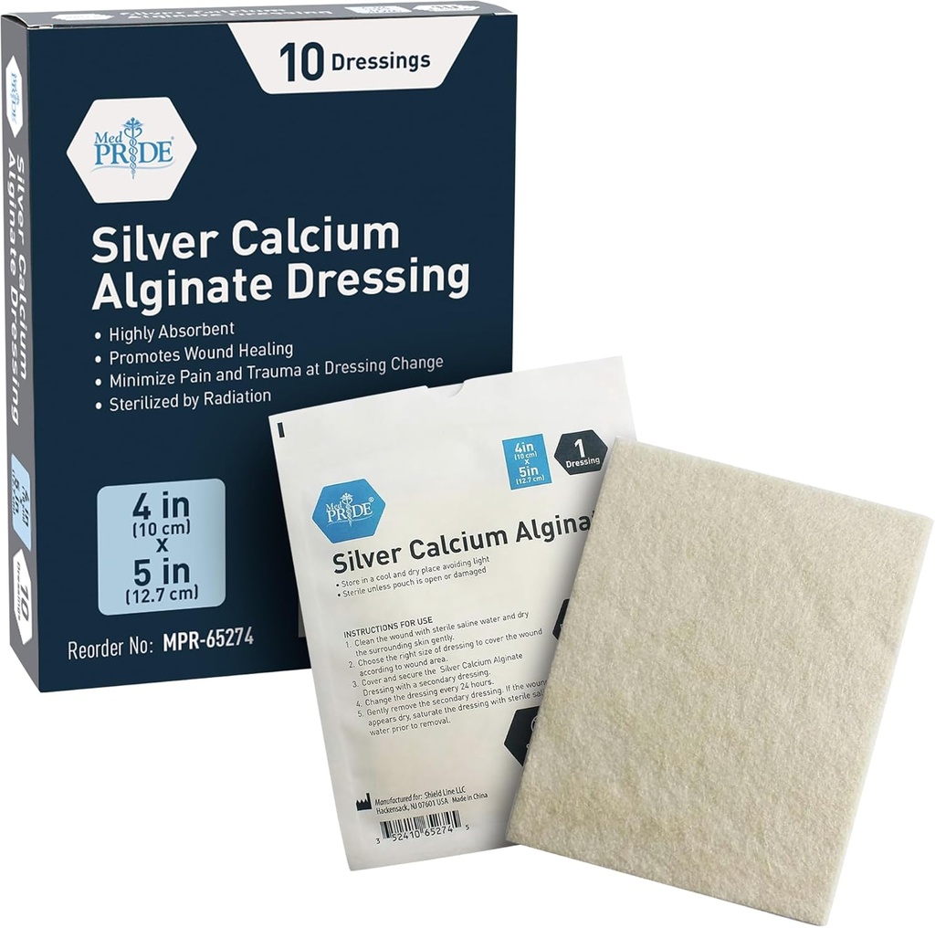 MED PRIDE Silver Alginate Alginate Wound Dressing, 10-Pack □ Altamente Absorvente, Antiaderente, Algas, Fácil remoção (4'' x 5'' Silver)
