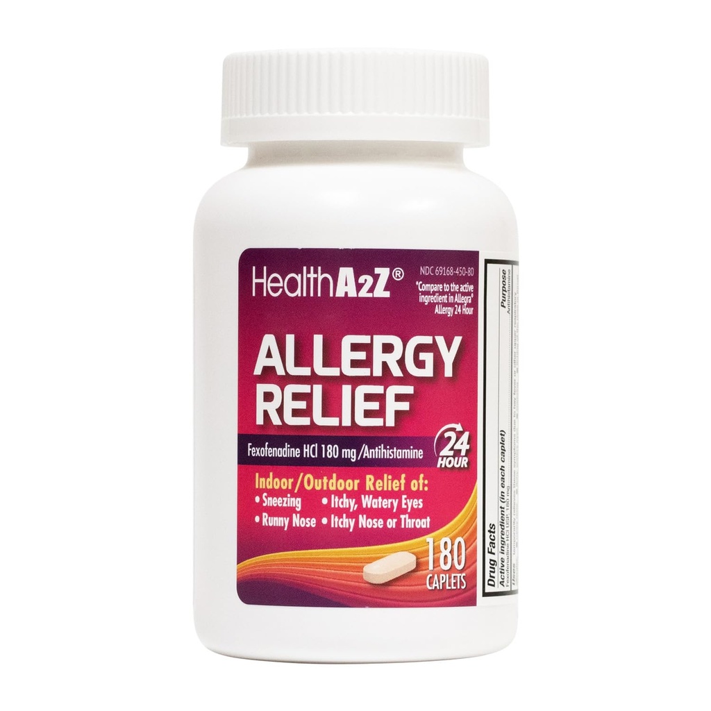 HealthA2Z® Alergia Alívio .Cloridrato de fexofenadina 180mg .. 180 Caplets .. Anti-histamínico .. Anti-histamínico 24 horas para alívio de alergia ..