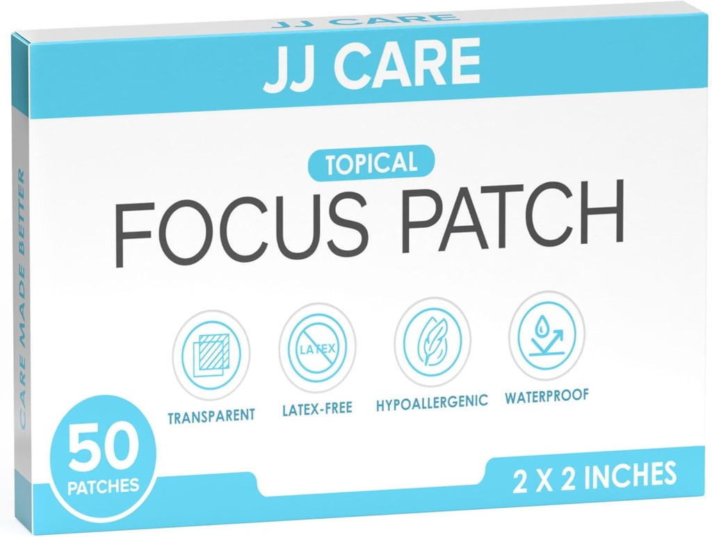 JJ Care Focus Patch - Pacote de 50 Patches All-Natural Focus Plus para Adultos, Suporte à Concentração, Foco e Memória