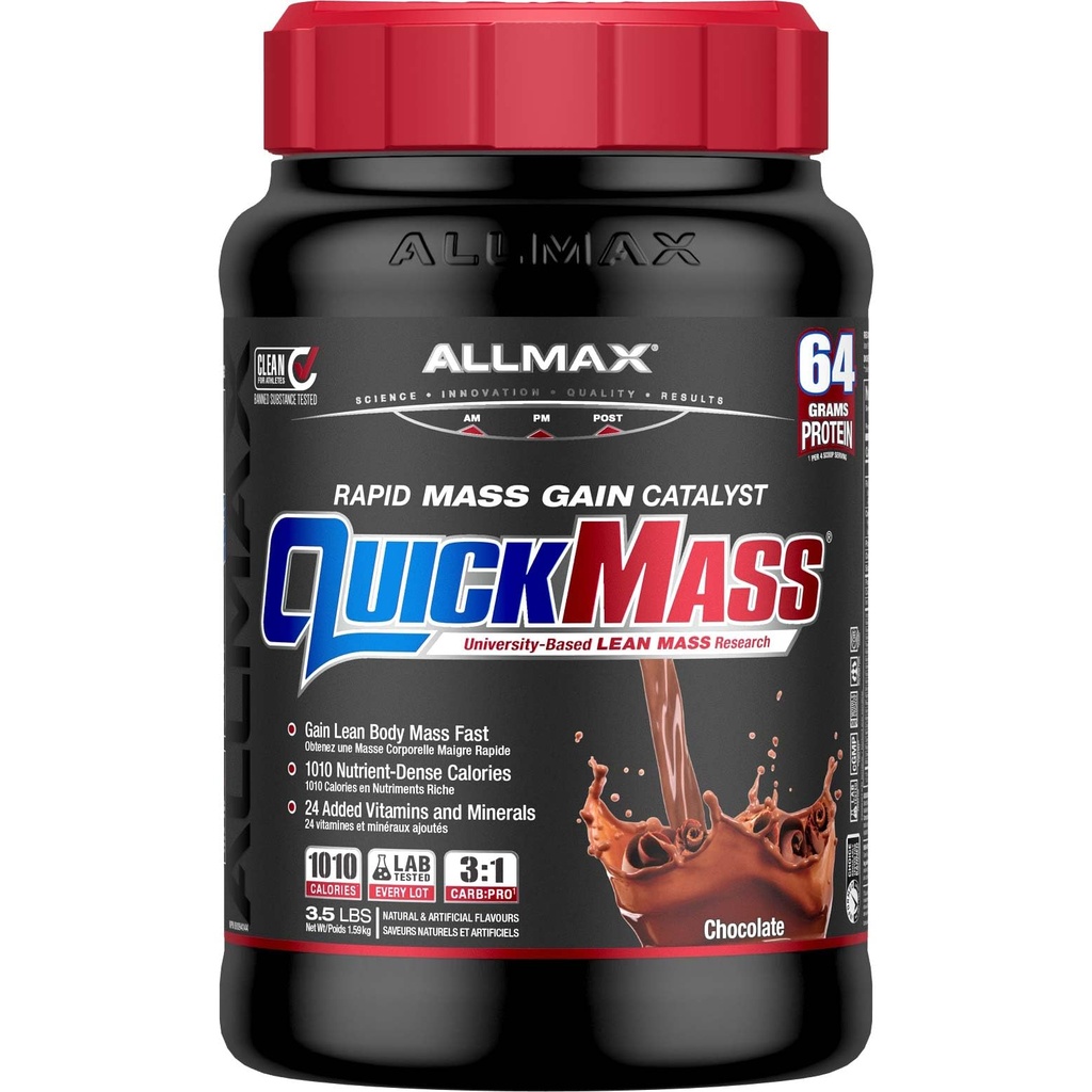 ALLMAX QUICKMASS, Chocolate - 3,5 lb - Catalisador de ganho de massa rápido - até 64 gramas de proteína por serviço - 3:1 Carb to Protein Ratio - Zero Trans Fat - até 24 Servings