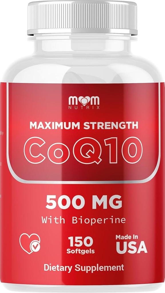 MOM Nutrix CoQ10 500mg – Suporte à Produção de Energia Celular – Melhor Absorção com Bioperine – 150 Softgels – Made in USA