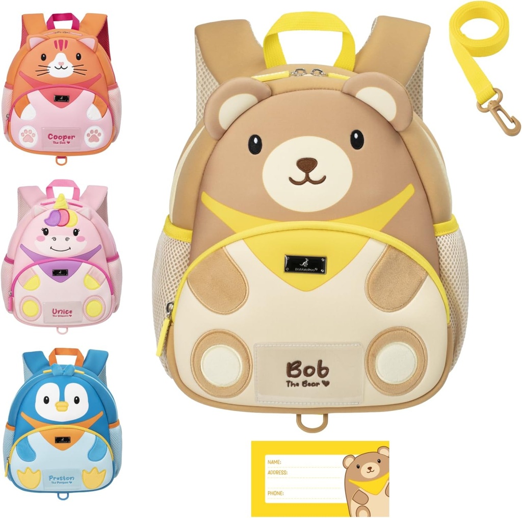 BabbleRoo Toddler Backpack, Mochila para crianças - Leve e confortável, Resistente à água Neoprene, Leash para crianças 1-3, Tiras Refletivas para visibilidade, Mochila para animais, Bob o urso
