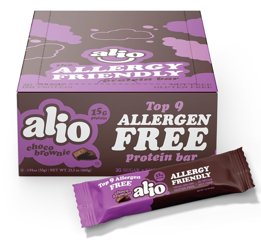 Alio Protein Bars - Choco Brownie (12 Bares) – Livre dos 9 melhores alergénios alimentares, Alta proteína, Baixa calorias, Vegan, Sem glúten, Sem nozes, Não-GMO, Baseada em plantas, Óleo de semente livre, Delicious & saudável Snack