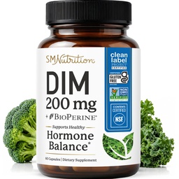 DIM Supplement 200 mg Estrogen Balance for Women & Men ; Hormonal Acne , Hormônio Balance, Menopausa & Apoio Antioxidante ; Projeto Clean Label Certified, Vegan & Soy Free Diindolilmetano 60 Ct.