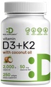 SUPPLEMENT DEAL Vitamina D3 2.000 UI + K2 MK7 50mcg Softgels Complexo 2-em-1 com óleo de coco virgem Suporta coração, osso, dentes e saúde imunitária