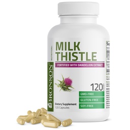 Bronson Milk Thistle Silymarin Marinum & Dandelion Extract Suporte à saúde do fígado, Suporte antioxidante, Detox, 120 Cápsulas