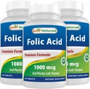 Melhor ácido fólico natural 1000 mcg (Vitamina B9), 240 comprimidos (1000 mcg (Pacote de 3))