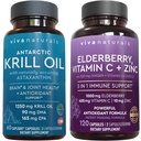 Viva Naturals Antárctico Krill Oil e Elderberry, Vitamina C, Zinco e Vitamina D3 5000 UI Bundle, 1250 mg de Krill Oil Fornecendo Omega 3 EPA e DHA para a Saúde Conjunta, Elderberry para suporte Imune