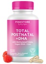 Cegonha Rosa Total Vitaminas Pós-Natais para Mulheres com Vegan DHA, Ferro, Folato, e Vitamina B12, Essenciais de recuperação pós-parto, Suplemento diário para mães amamentando - 1 mês de fornecimento