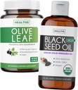 Pacote de Óleo de Sementes Negras Extrato de Folha Líquida e Oliva - Suporte Imune Pacote de Sinergia - Óleo de Sementes Negras Orgânicas Líquido (8 fl oz) & Extrato de Folha de Oliva com 20% Oleuropein Imune Supplement (60 Cápsula)