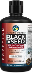 Amazing Herbs Egyptian Black Seed Oil - Gluten Free, Non GMO, Frio Pressed Nigella Sativa Aids em Saúde Digestiva, Suporte Imune, Função do cérebro, sabor suave - 32 Fl Oz