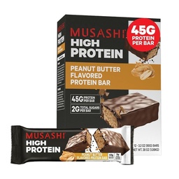 MUSASHI High Protein Bar, 45g Protein, 2g Total de Açúcares, Manteiga de amendoim & Leite Chocolate Revestido, Pós treino e proteína Lanche em curso, 12 Pacote de 3,2 onças (90g) Bares