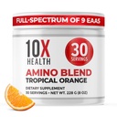10X Aminoácidos de Saúde - 30 Servings of EAA & BCAA Powder, Pre Treino BCAA com Suplemento de Aminoácidos Essenciais - BCAAs & EAAs para Longevidade, Apoio Músculo, Força, Energia - Laranja Tropical