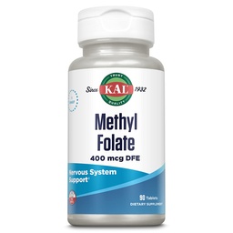 KAL Folato de metilo 400 mcg DFE, 5-MTHF Forma ativa Vitamina B9, Suplemento de ácido fólico, Saúde do coração, Pré-natal, Suporte de humor e cérebro, ActivTab de dissolução rápida, 60 dias de garantia, 90 serviços, 90 comprimidos