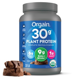 Orgain Organic 30g Vegan Protein Powder, Chocolate 9g EAAs + BCAAs, Proteína vegetal, 6g Prebiótico + Fibra, 1g Açúcar, Pré-treino, Suporte muscular + Recuperação - 2.01lb (Pacote de Maio Vary)