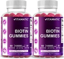 Vitamatic Biotin Gummies 10.000 mcg para cabelos mais fortes, pele e unhas - 60 Vegan Gummies - Também chamado vitamina B7 (2 garrafas)