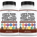 Leões Mane Mushroom Suplemento com Turquia cauda Reishi Cordyceps Chaga com Marshmallow Root - 2-Pack