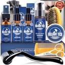 Kit de cuidados de barba para homens-nauriscos amaciando grooming barba patchy W / Vitamina Spray, Óleo de bigode, Balm, Lavar, Escova de bristle de barco, Comb de madeira, tesouras,Valentines Pais presentes para homens pai ele marido namorado
