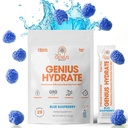 A marca Genius - Genius Hydrate Stick Pack Powder Drink Mix – Blue Raspberry Flavor, Natural Electrolyte Booster com água de coco & Potássio para Hydration Ultimate - 20 pacotes