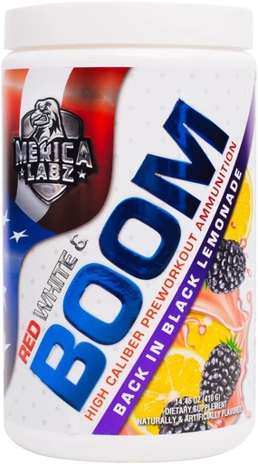 'Merica Labz Red, White, and Boom, High Caliber Pre Treinout com VasoDrive-AP®, 350mg Cafeína, Max Energia, Bomba e Foco, Aumento do fluxo de sangue e volume muscular, 20 Servings (Voltar em Limonada Negra)