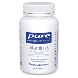 Encapsulamentos Puros Vitamina D3 25 mcg (1.000 UI) - Suplemento de Apoio Osso, Articulação, Mama, Coração, Colón e Saúde Imune - com Vitamina D Premium - 250 Cápsulas