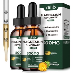 (2 Pack) Suplemento de glicinato de magnésio, gotas líquidas de magnésio com glicinato de magnésio 500mg Ashwagandha, L - Theanina, Camomila - Suporta sono calmo ideal Vegan