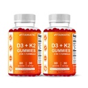 Vitamina Vitamina Vitamática D3 & K2 Gummies (2-Pack, 60 Count) Suporta Ossos saudáveis, Saúde do coração, Absorção de cálcio e função imune Baseada em plantas, Não-GMO, Sem glúten