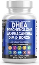 DHEA 200mg Suplemento Pregnenolona 100mg para homens e mulheres com DIM Ashwagandha Boron 6mg Complexo de cálcio Magnésio Zinco 50mg Vitamina D3 5000 UI Cápsulas de suporte Comprimidos Made in USA 60 Count
