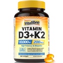Suplemento de vitamina D3 K2, 10000 UI D3 / 200 mcg K2 MK7, Absorção de Cálcio, Osso, Coração, Imune e Suporte Mood, Absorção Melhorada, Não Soja, Fácil de Engolir, 300 Softgels